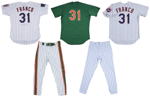 Lot of (3) 1992-1998 John Franco Game Used & Signed New York Mets "31" Jerseys with 2 Uniform Pants (JSA)